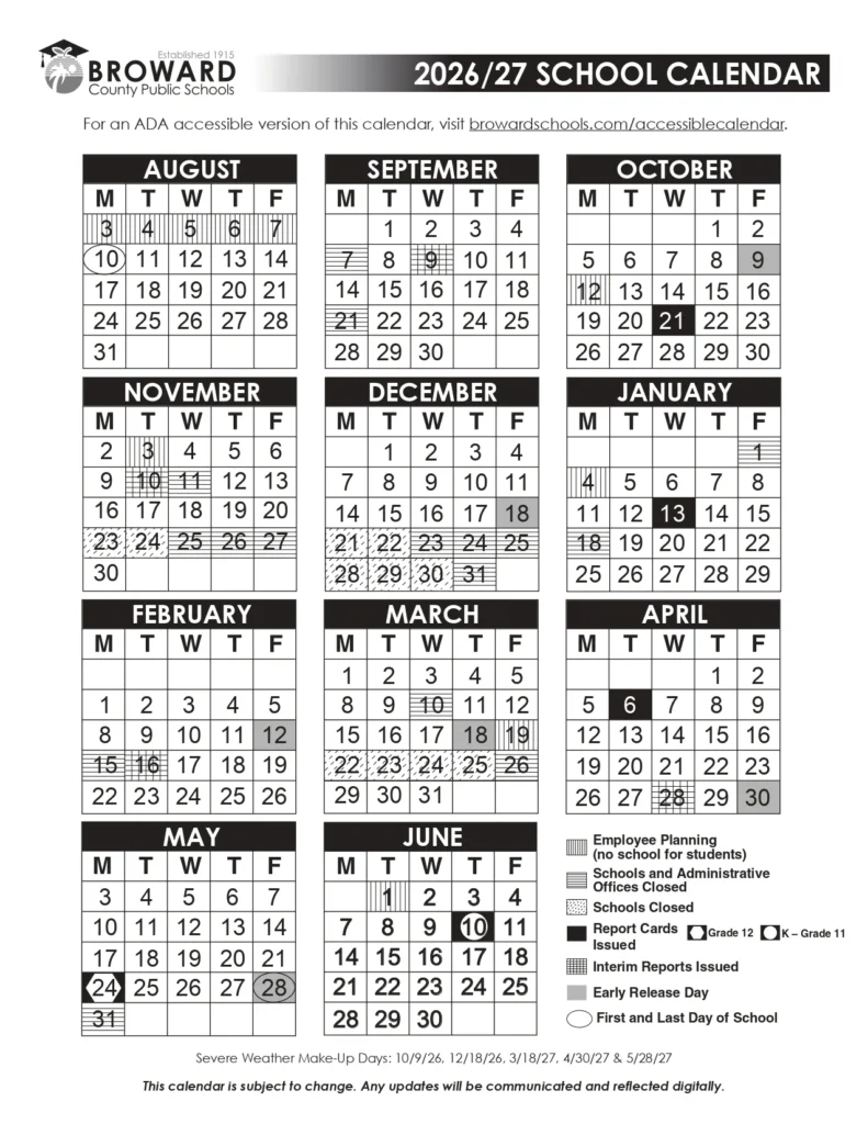 Broward County Schools Calendar 2026-2027 Broward County Schools Calendar 2026-27 Black and White