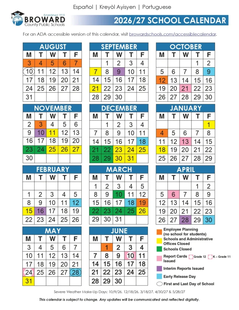Broward County Schools Calendar 2026-2027 Broward County Schools Calendar 2026-27 color
