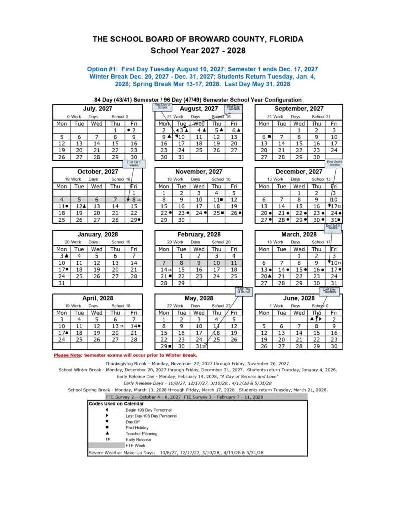 Broward County Schools Calendar 2026-2027 Broward County Schools Calendar 2027-28