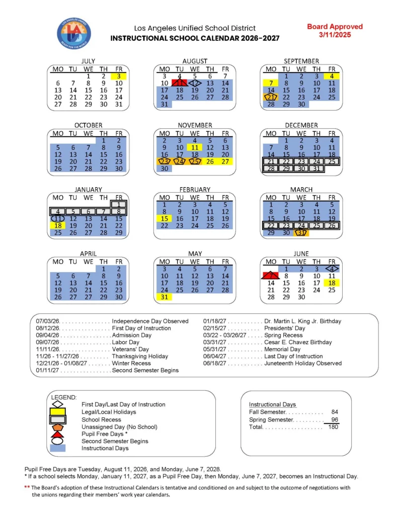 LAUSD School Calendar 2026-2027 Printable LAUSD School Calendar 2026-2027