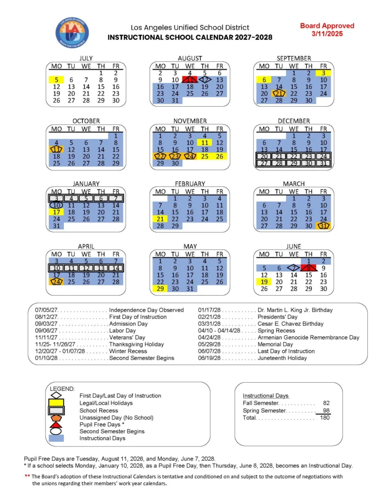 LAUSD School Calendar 2026-2027 Printable LAUSD School Calendar 2027-2028