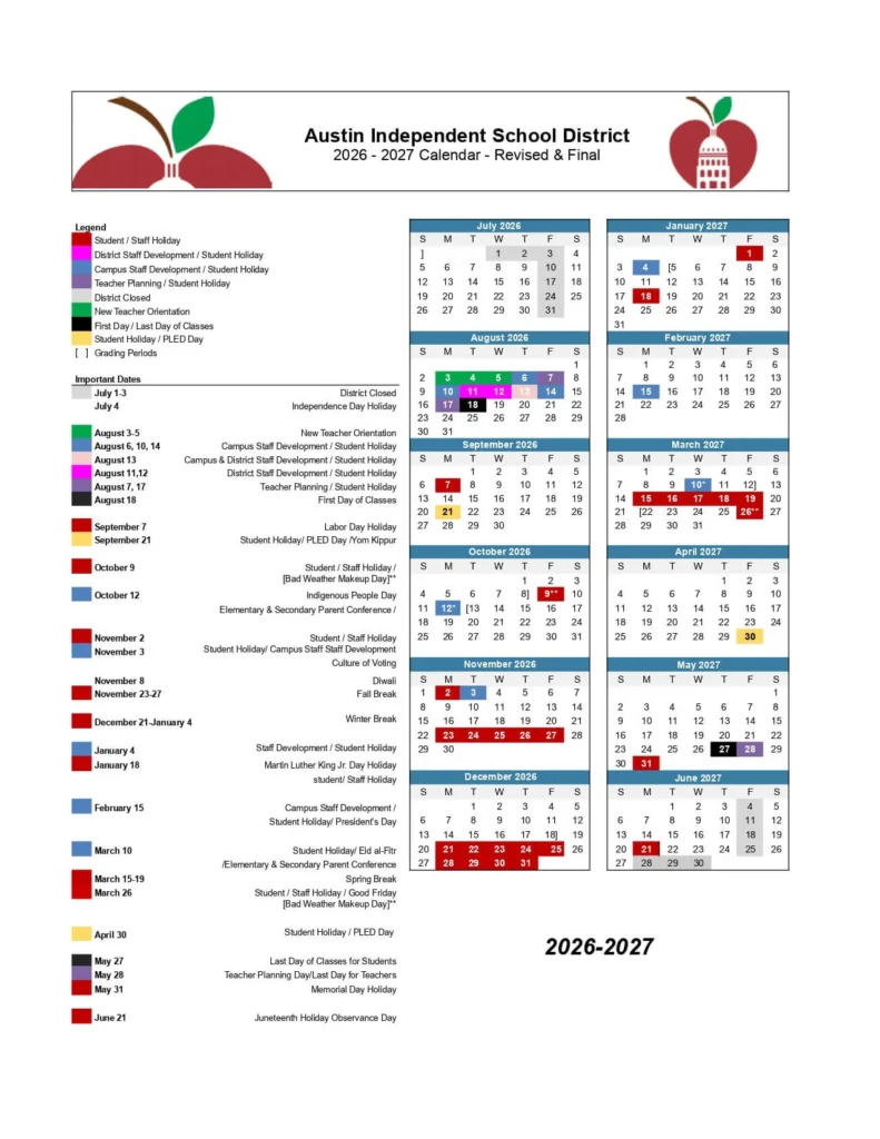 Austin ISD Calendar 2026-2027 Austin ISD Calendar 2026-2027