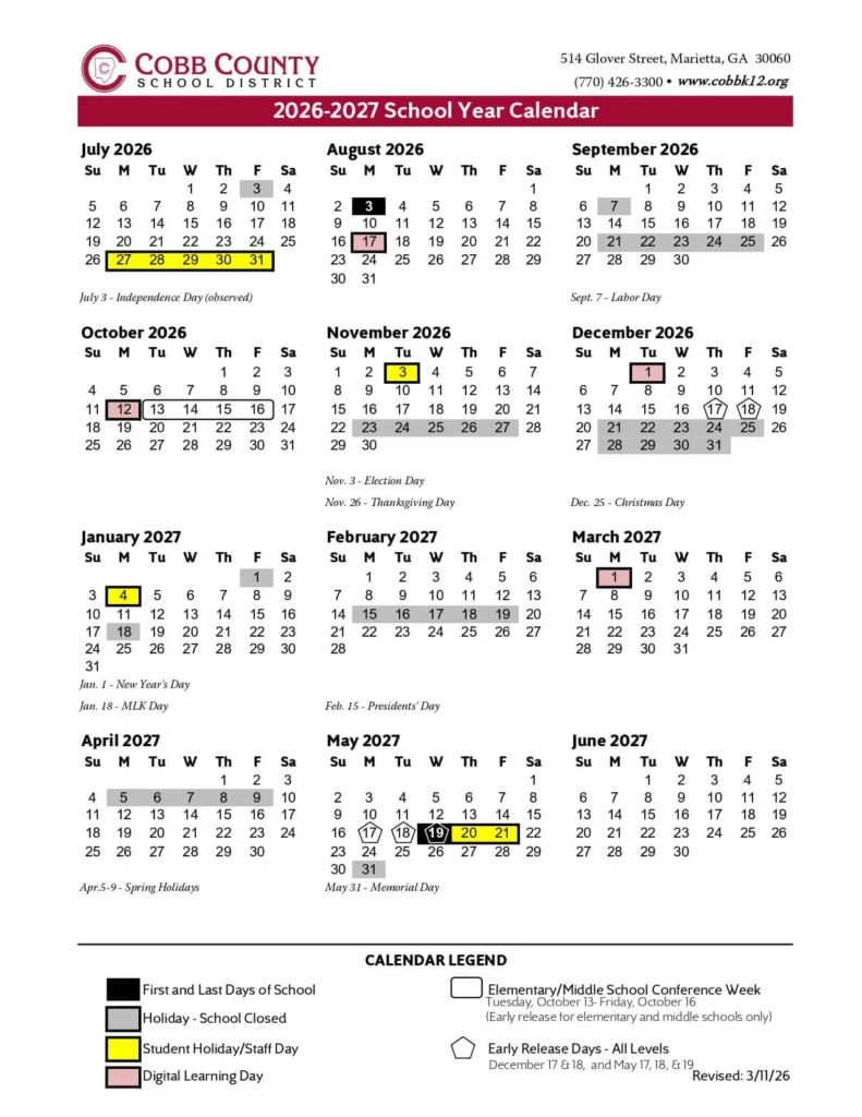 Cobb County School Calendar 2026-2027 Cobb County School Calendar 2026-27 Printable PDF