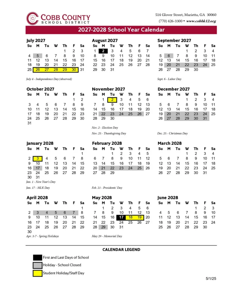 Cobb County School Calendar 2026-2027 Cobb County School Calendar 2027-28 Printable PDF