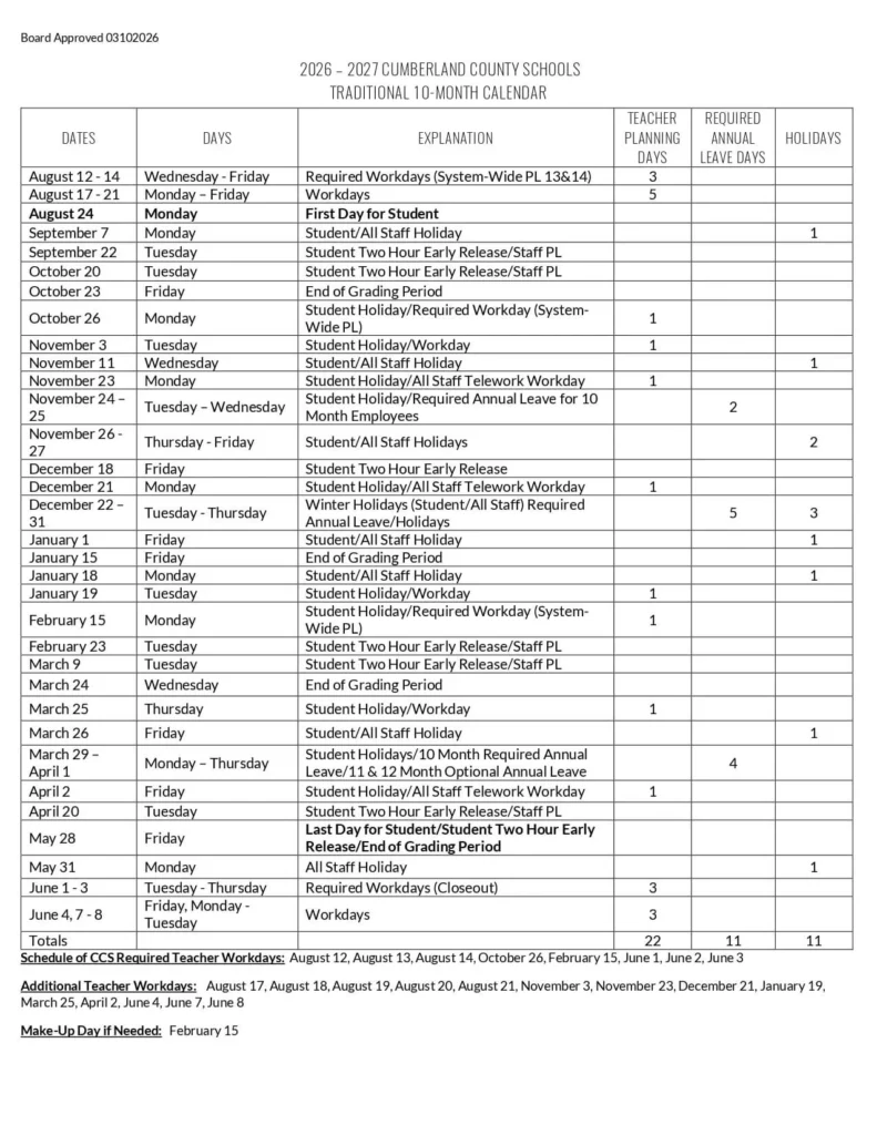 Cumberland County Schools Calendar 2027-2028