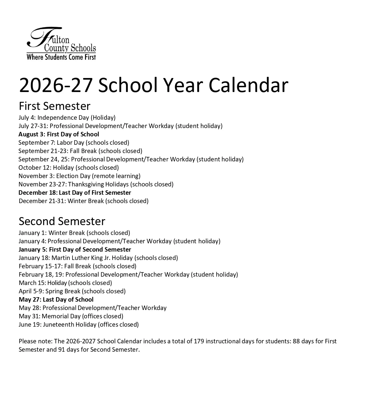 Fulton County Schools Calendar 2026-2027 Fulton County Schools Calendar 2026-27