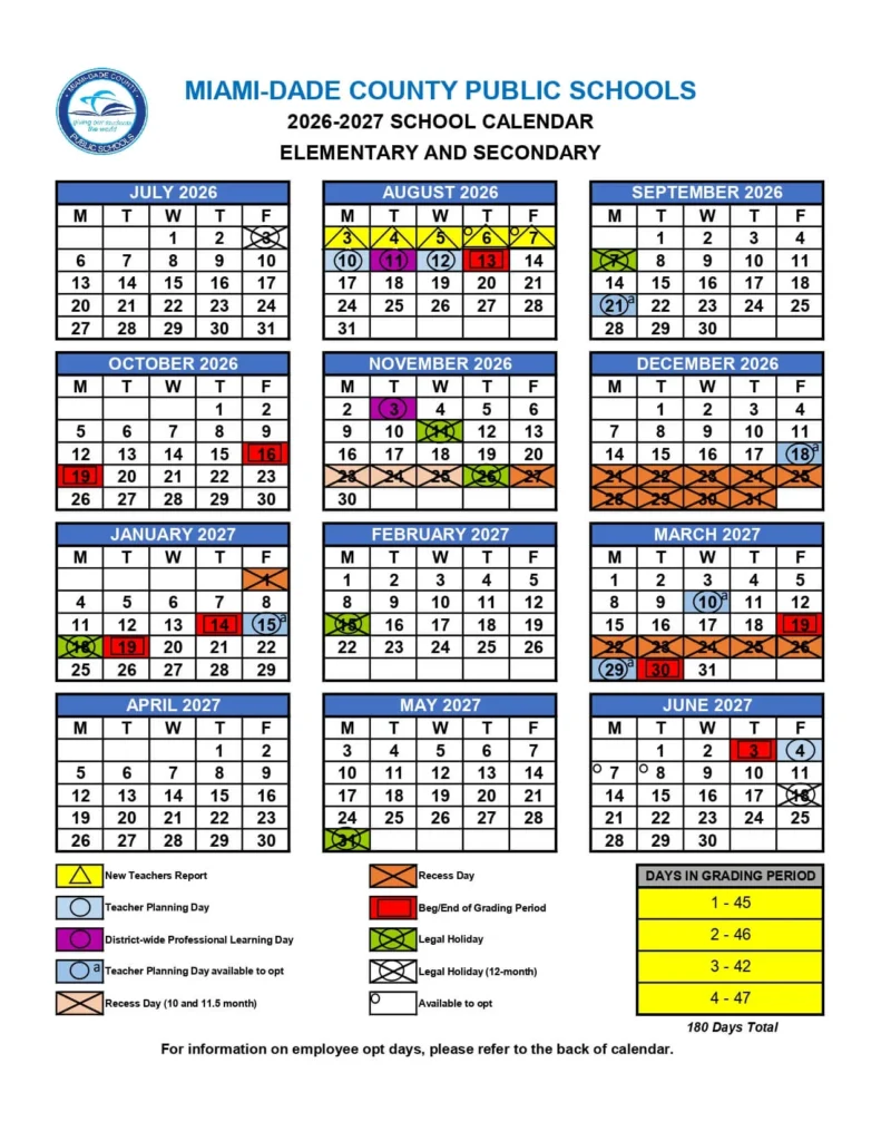 Miami-Dade School Calendar 2026-2027 Printable Miami-Dade School Calendar 2026-2027