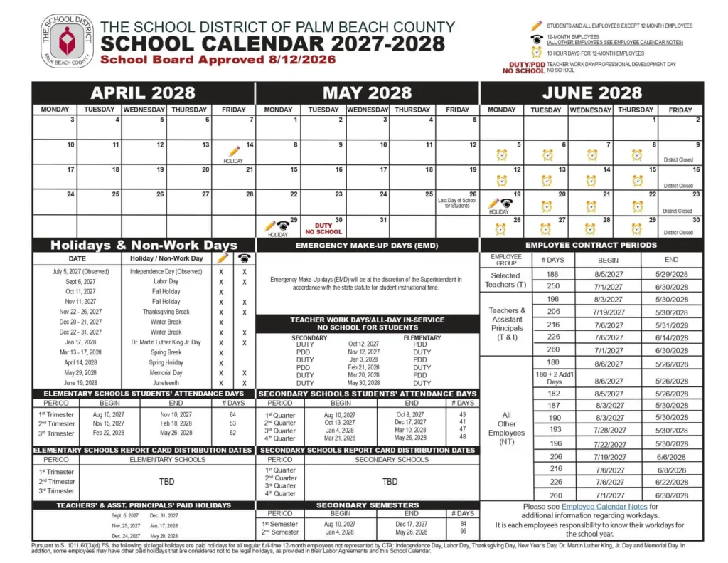 Palm Beach School Calendar 2026-2027 Palm Beach School Calendar 2027-2028