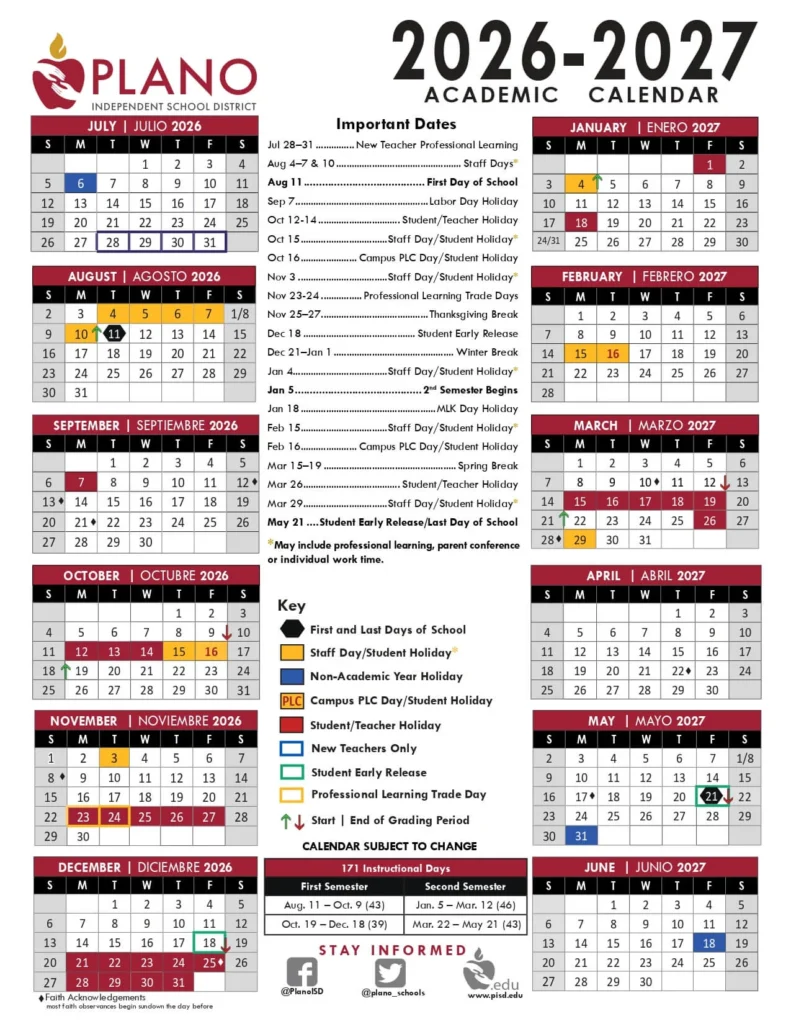 Plano ISD Calendar 2026-2027