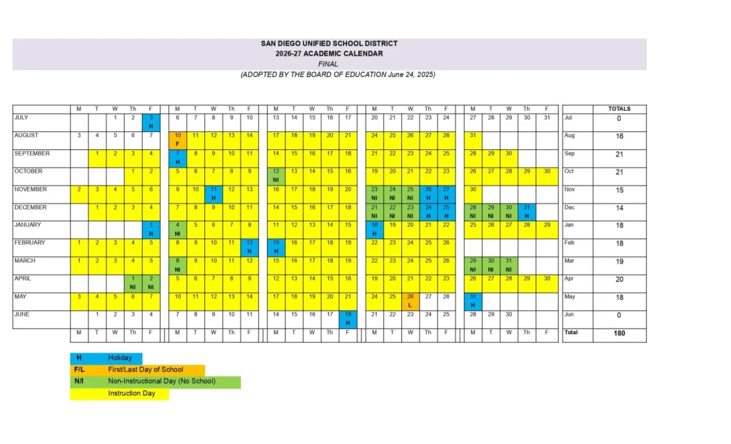San Diego USD Calendar 2026-2027 San Diego USD Calendar 2026-2027