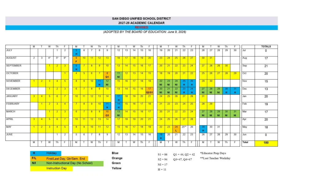 San Diego USD Calendar 2026-2027 San Diego USD Calendar 2027-2028
