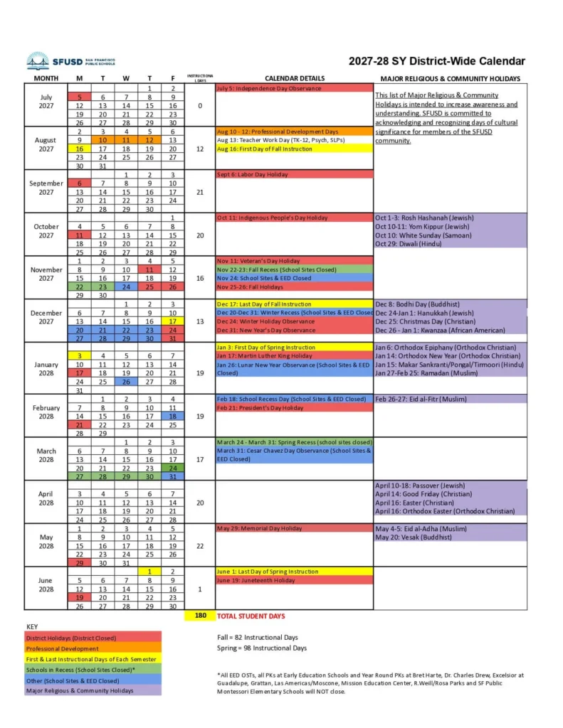 SFUSD School Calendar and Holidays 2026-27 SFUSD School Calendar 2027-2028