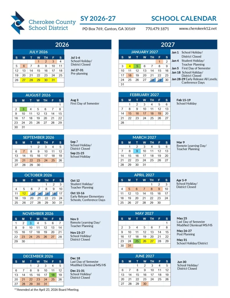 Cherokee County School Calendar 2026-2027
