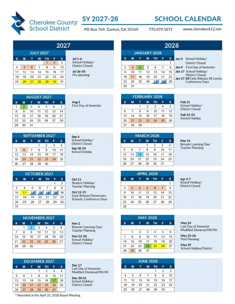 Cherokee County School Calendar 2027-2028