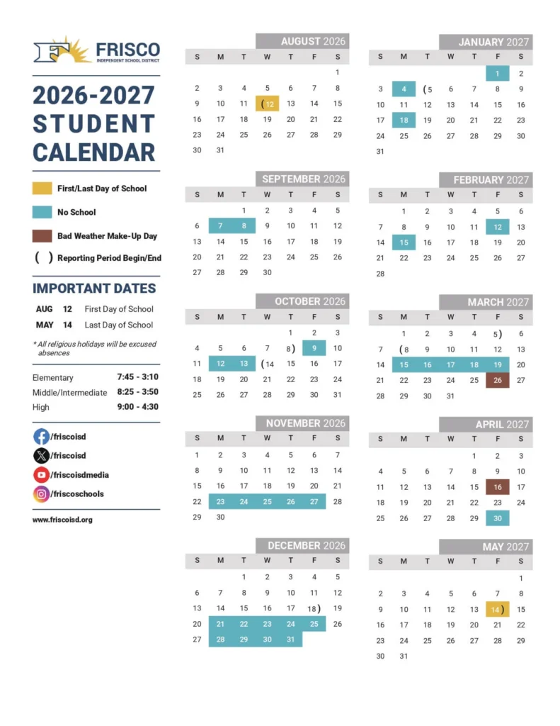 Frisco School Calendar 2026-2027