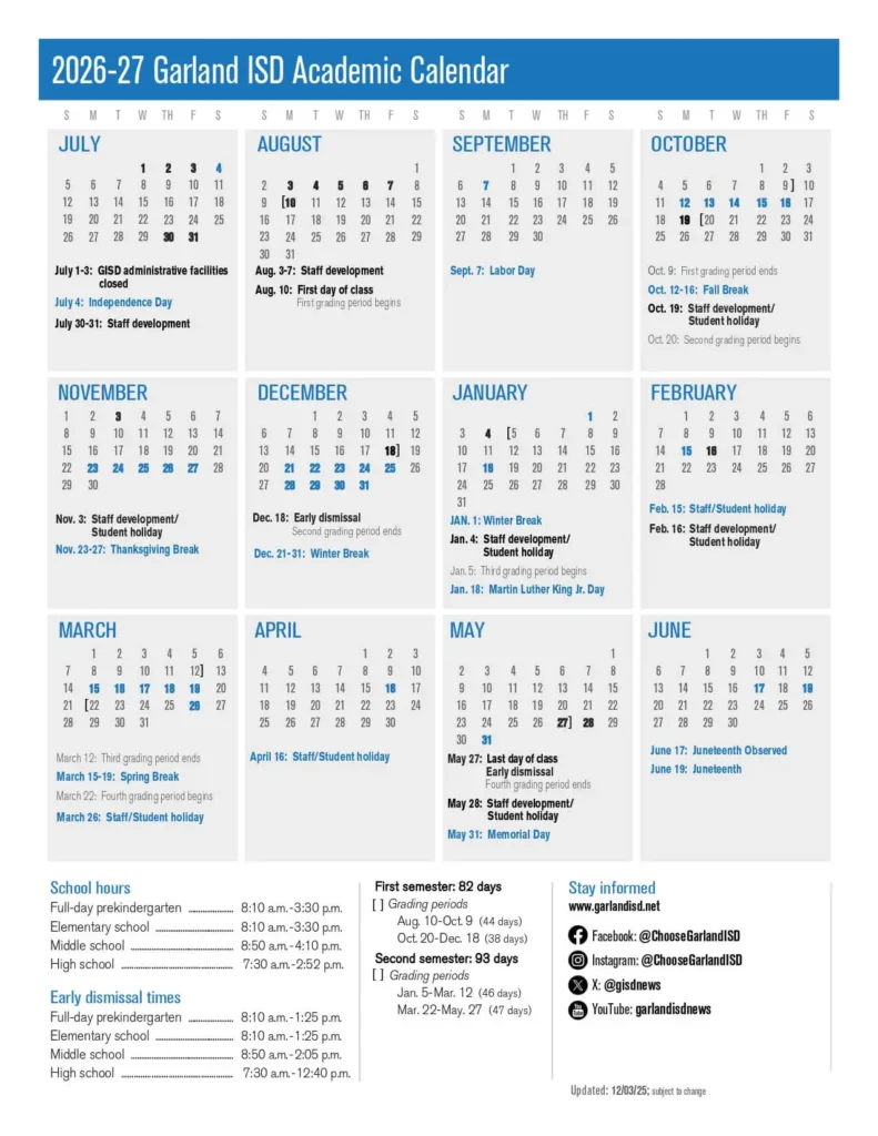 Garland ISD Calendar 2026-2027