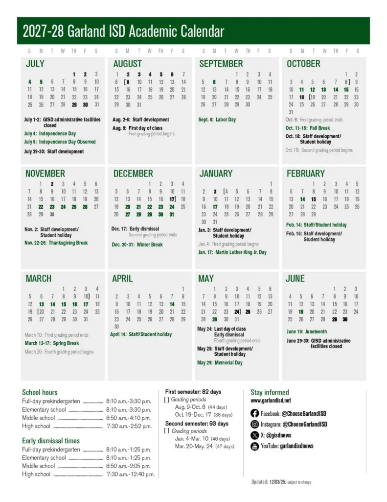 Garland ISD Calendar 2027-2028