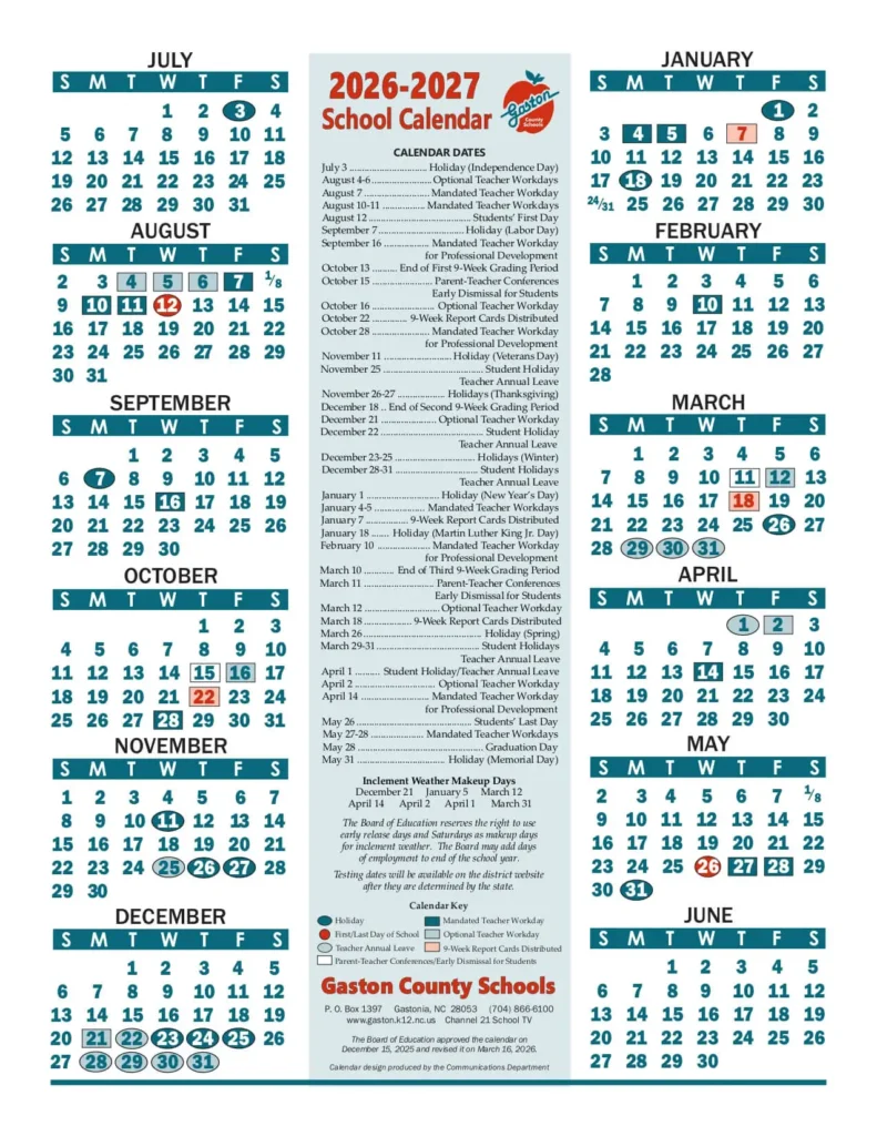 Gaston County School Calendar 2026-2027