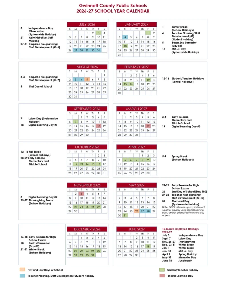 Gwinnett County School Calendar and Holidays Gwinnett County School Calendar 2026-2027