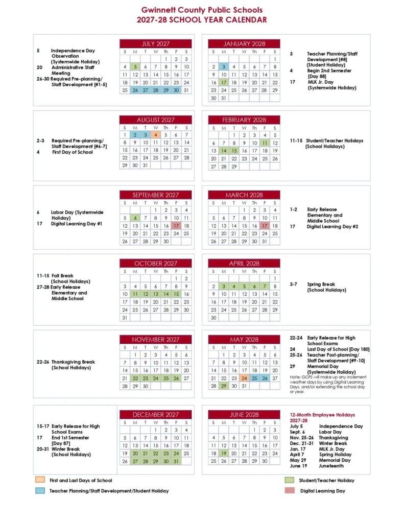 Gwinnett County School Calendar and Holidays Gwinnett County School Calendar 2027-2028