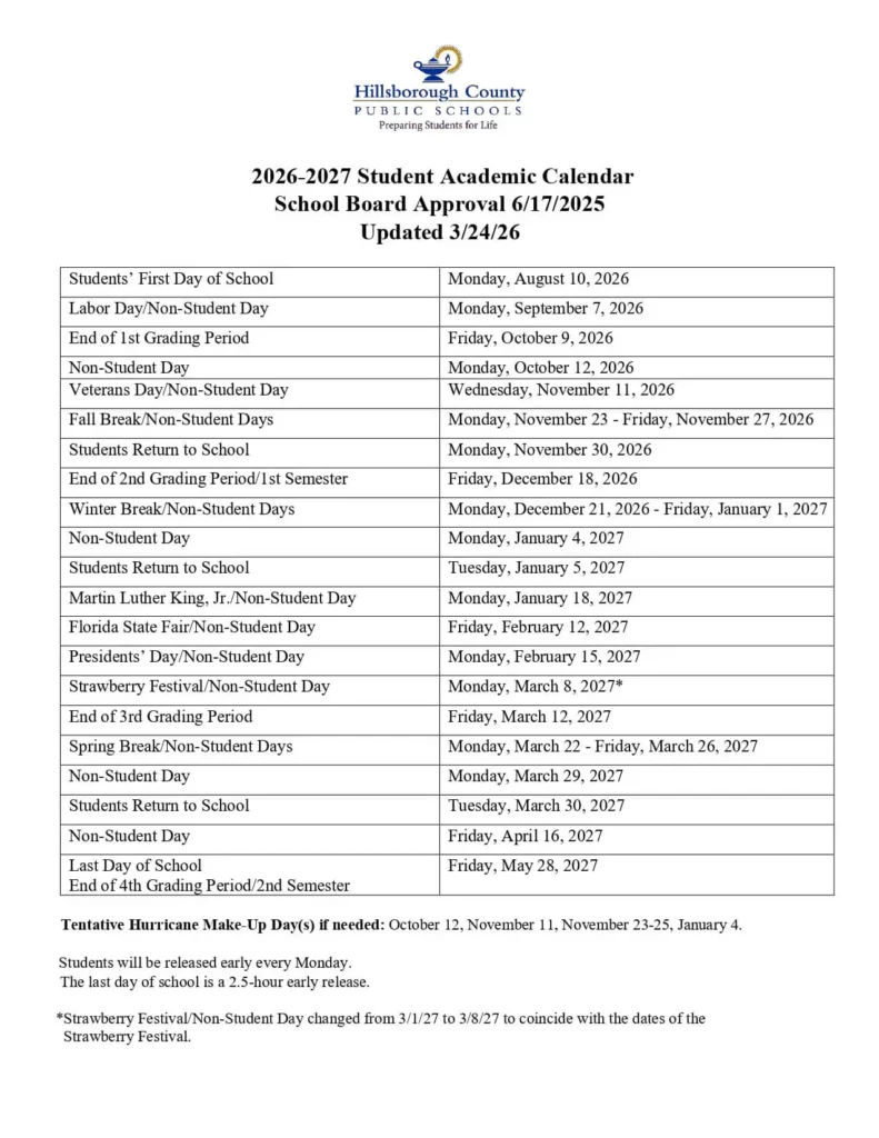 Hillsborough County School Calendar 2026-2027