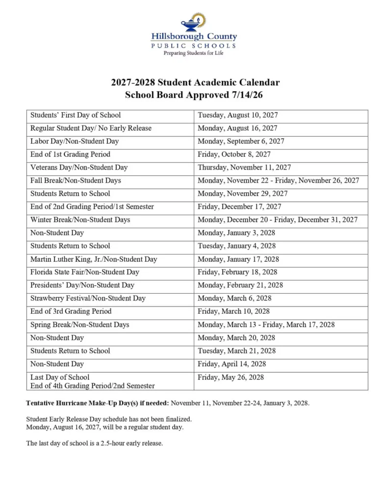 Hillsborough County School Calendar 2027-2028