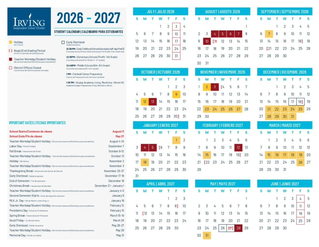 Irving ISD Calendar 2026-2027 Irving ISD Calendar 2026-2027