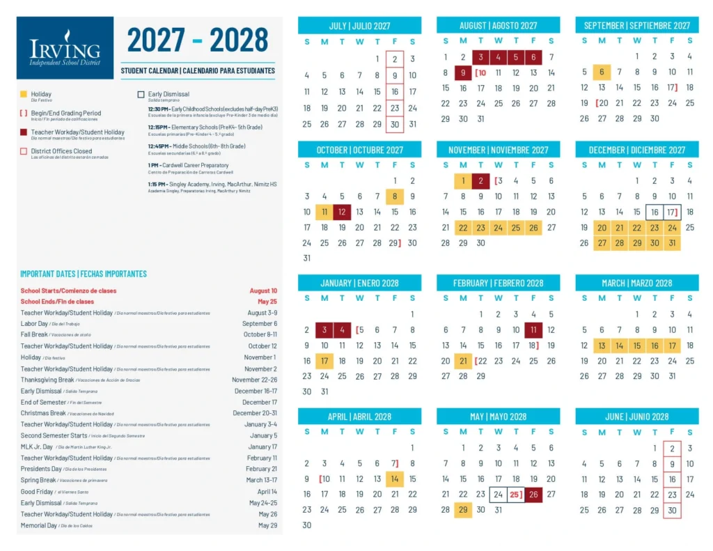 Irving ISD Calendar 2026-2027 Irving ISD Calendar 2027-2028