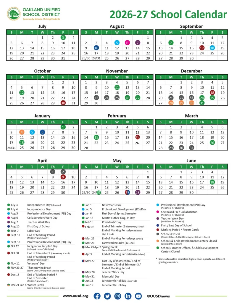 Oakland USD Calendar 2026-2027