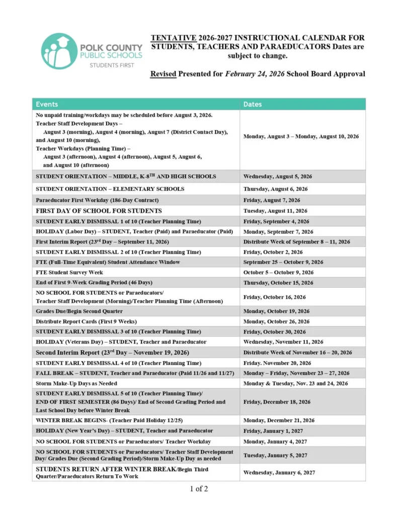 Polk County School Calendar and Holidays Polk County School Calendar 2026-2027
