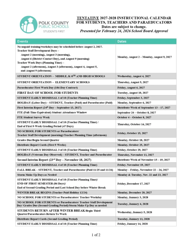 Polk County School Calendar and Holidays Polk County School Calendar 2027-2028