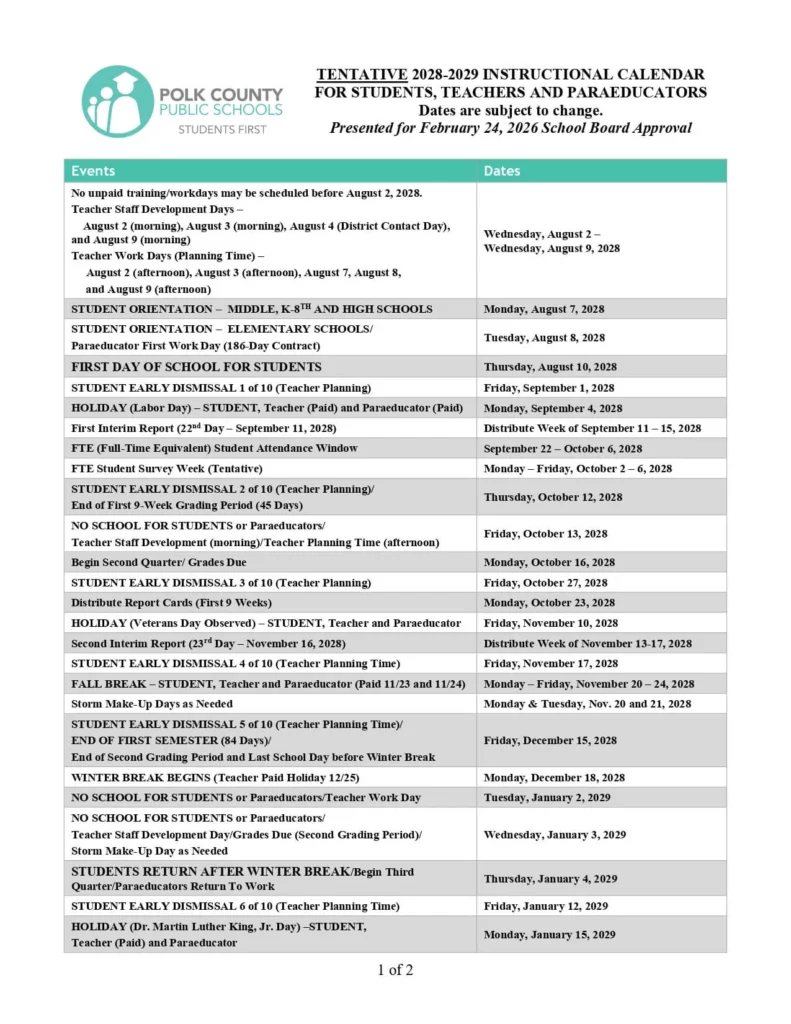 Polk County School Calendar and Holidays Polk County School Calendar 2028-2029