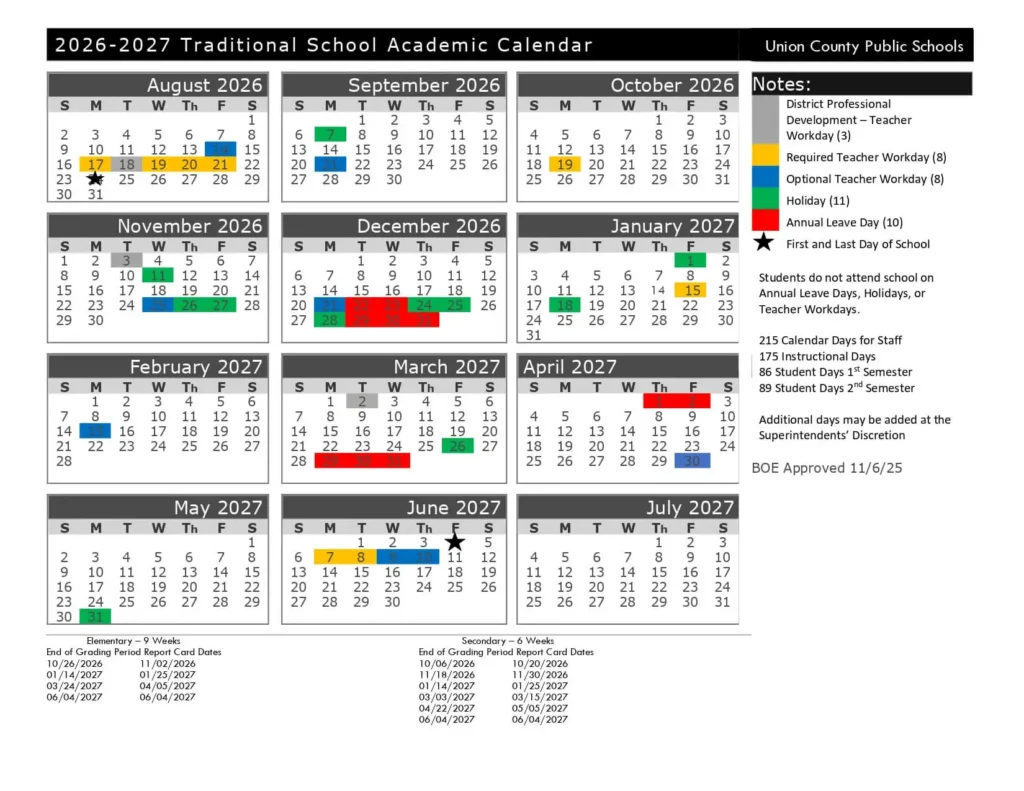 Union County School Calendar and Holidays Union County School Calendar 2026-2027