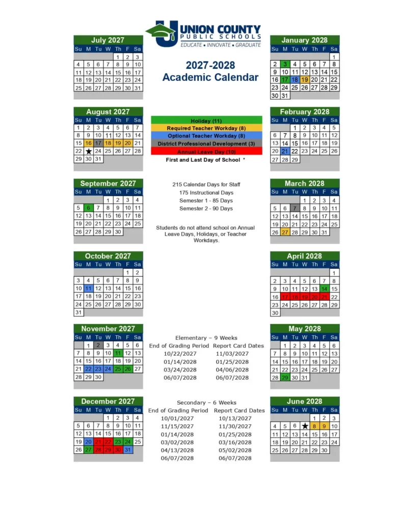 Union County School Calendar and Holidays Union County School Calendar 2027-2028