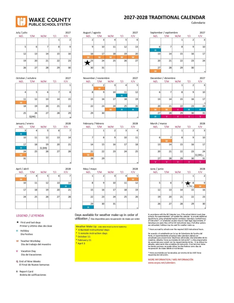 Wake County School Calendar 2026-2027 Wake County School Calendar 2027-2028